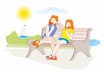 Girls eat ice cream. Beautiful warm summer day. Modern style. Vector illustration flat design.