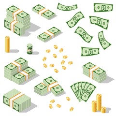 An illustration of a banknote and coin of America. Set of US dollar bills depicted in isometric. Vector graphics. Different versions of stacked bundles of bills.