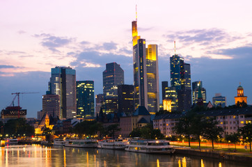 Frankfurt city skyscrapers in downtown at sunset