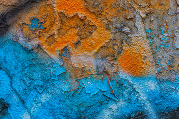 Old cracked rusty peeled colorful paint background texture close-up