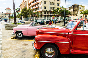 Havana, Cuba - 2019. American classic cars parked on the streets of Old Havana, Cuba