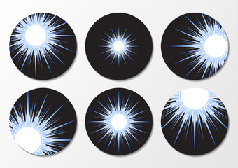 Creative isolated emblems of the radiant sun on a dark blue background. Rising, shining, sunset.