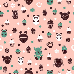 Seamless pattern in kodomo style. Cakes and little animals on a pink background.