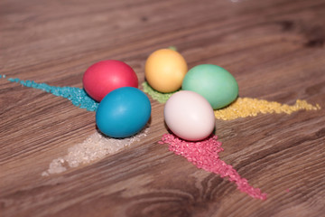 Fototapeta na wymiar easter eggs colored seeds and more