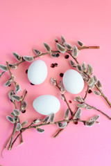 Easter eggs on a pink background with a sprig of willow