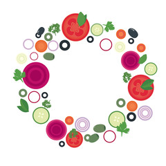 Flat design illustration of tomato, beet and cucumber slices with olives and different vegetables in circle, with space for text, vector