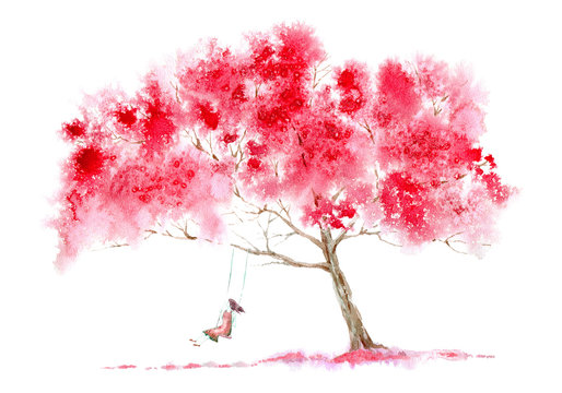 Blossom Cherry Tree And Girl On Swing . Spring Rural Landscape. Watercolor Hand Drawn Illustration.White Background.