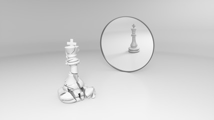white broken king sees his whole reflection in the mirror, 3d illustration