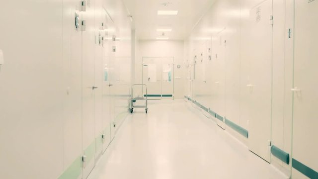 Medical  center, research center, empty hospital corridor. Typical interior, Scientific background. Selective focus.
