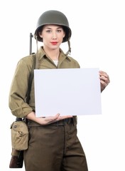 young woman dressed in American ww2 military uniform showing emp