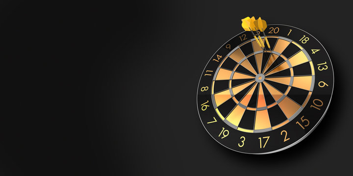 festive black and glossy golden dart board with copy space on black background and a score of 180 - 3D rendering