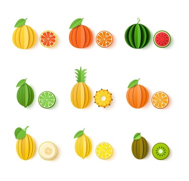 Set of tropical fruits in paper cut style. Whole and sliced orange, tangerine, pineapple, lime, lemon, grapefruit, melon, watermelon, kiwi in origami art. Vector card illustration