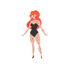 Young Woman with Tattoo, Beautiful Tattooed Girl Wearing Black Underwear Bodysuit With Red Colored Hair Vector Illustration