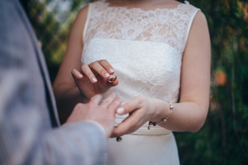 A couple of newlyweds at the wedding ceremony wear wedding rings to each other.