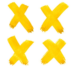 4 Cross, X - Vibrant Yellow watercolor abstract background, stain, splash paint, stain, divorce. Vintage paintings for design and decoration. With copy space for text.