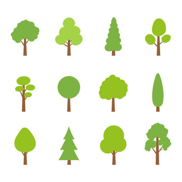 Tree icon set. Green plants with leafs. Forest and garden symbol. Vector illustration.