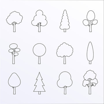 Tree outline icon set. Plants with leafs silhouettes. Forest and garden symbol. Vector illustration.