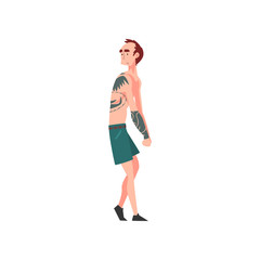 Skinny Man with Tattoo, Tattooed Guy with Bare Chest Vector Illustration