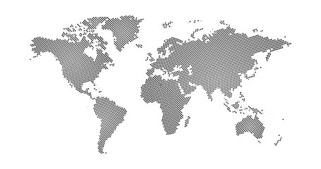 Black halftone circle dotted world map. Vector illustration. Dotted map in flat design. Vector illustration isolated on white background
