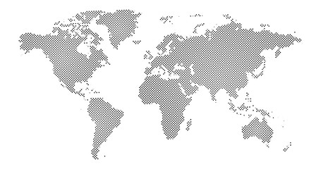 Black halftone dotted world map. Vector illustration. Dotted map in flat design. Vector illustration isolated on white background
