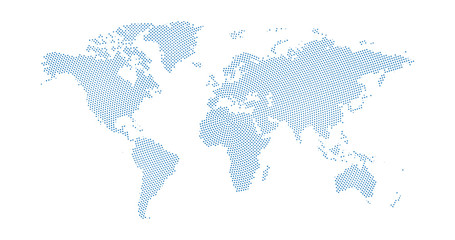 Black halftone circled dotted blue world map. Vector illustration. Dotted map in flat design. Vector illustration isolated on white background