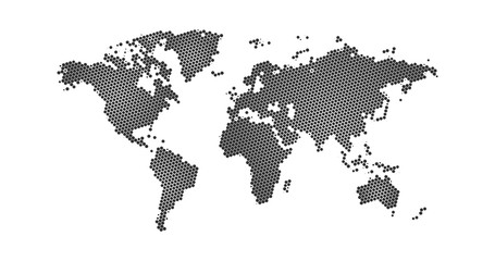Obraz premium Black halftone hexagon dotted world map. Vector illustration. Dotted map in flat design. Vector illustration isolated on white background