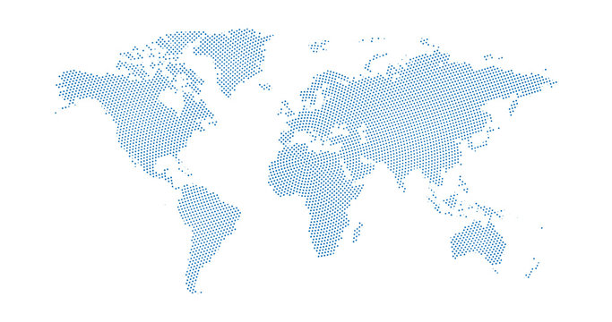 Fototapeta Black halftone circled dotted blue world map. Vector illustration. Dotted map in flat design. Vector illustration isolated on white background