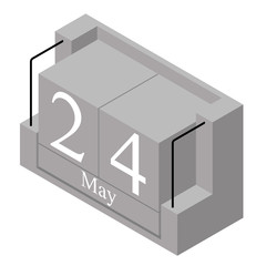 May 24th date on a single day calendar. Gray wood block calendar present date 24 and month May isolated on white background. Holiday. Season. Vector isometric illustration