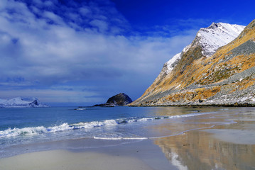 Fototapeta na wymiar Haukland Beach in Lofoten Archipelago, Norway, Europe