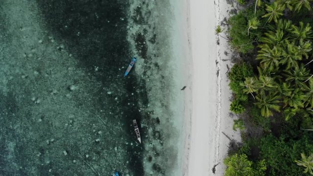 Aerial: Flying over tropical beach turquoise water coral reef , Tomia island Wakatobi National Park Indonesia Maldives Polynesia white sand beach. Native cinelike D-log color profile