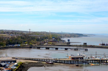 The beginning of the building of the Queensferry crossing over the Firth of Forth in Scotland