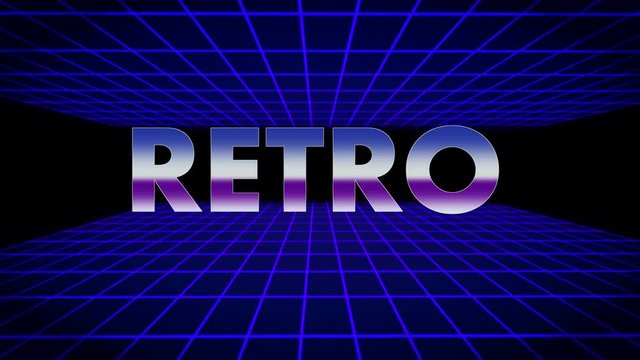 Retro text with purple futuristic 80's synthwave grid background.  4k