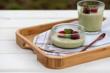Panna cotta with matcha green tea.