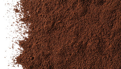 Instant powdered coffee isolated on white background, top view