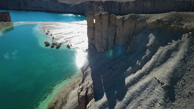 Band-e Amir Lakes. Band-e Amir National Park, Bamyan Province, Afghanistan. Aerial. Birds eye view. Flyover.