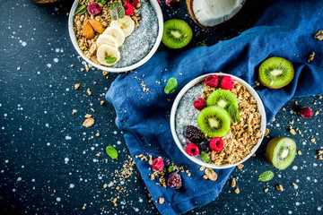 Granola with chia seeds yogurt, fresh fruit and berries