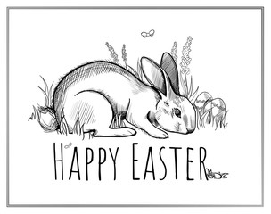 Greeting card with Happy Easter lettering. Background with hand drawn Easter Bunny. Vector sketch of Paschal rabbit sitting on the grass. Egg hunt.