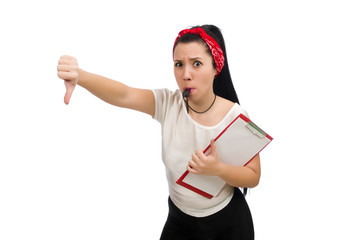 Attractive female fitness trainer isolated on white  