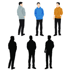Set of silhouettes man standing, cartoon character, business people in black and colorful clothes, vector silhouettes and flat designe icon isolated on white 