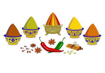Composition of spices and herbs in copper bowls on the market. Assorted oriental spices - pepper, paprika, turmeric, curry, ginger, cardamom, cinnamon, chili, clove, saffron, anis.