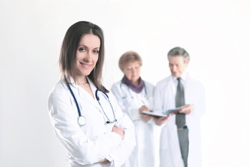 Fototapeta premium confident female doctor therapist on blurred background of colleagues