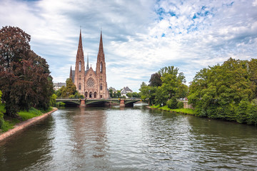 View on the St. Paul Church from the Ill river in Strasbourg, France