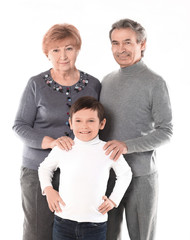 family photo of grandma grandpa and the grandson.isolated on white background