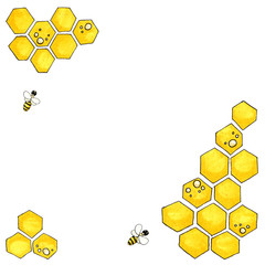 Illustration of the markers sketch of a yellow honeycomb with bees frame on a white background. hand drawn