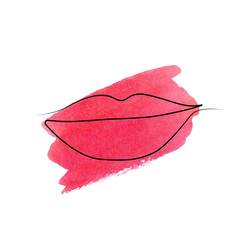 illustration of the contour line of the lips on a smear pink stain of watercolor on a white background