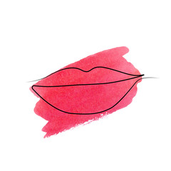 illustration of the contour line of the lips on a smear pink stain of watercolor on a white background