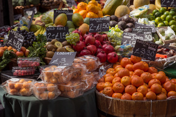 Vegetable stall in Borough Market. London, 2017. Landscape format.