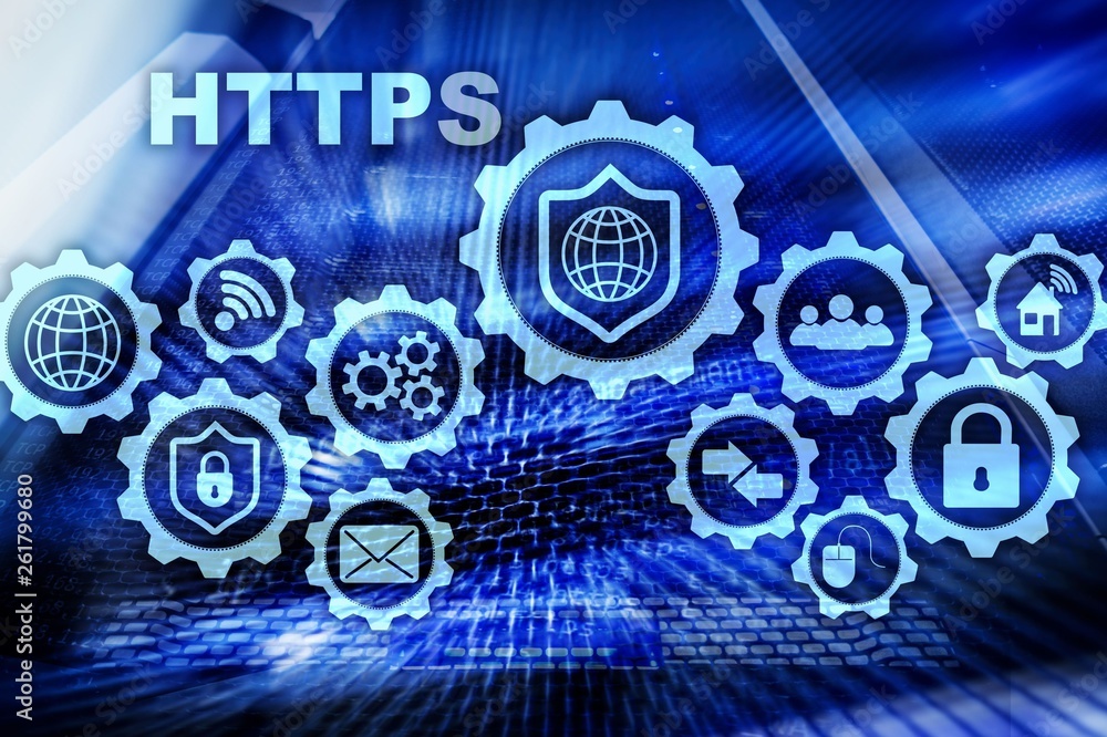 Poster https. hypertext transport protocol secure. technology concept on server room background. virtual ic