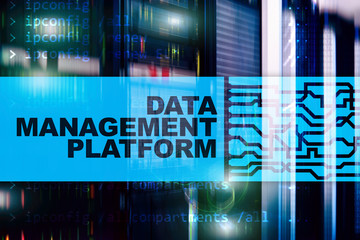 Data management and analysis platform concept on server room background.