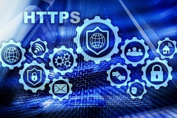 HTTPS. Hypertext Transport Protocol Secure. Technology Concept on Server Room Background. Virtual Icon for network security web service.